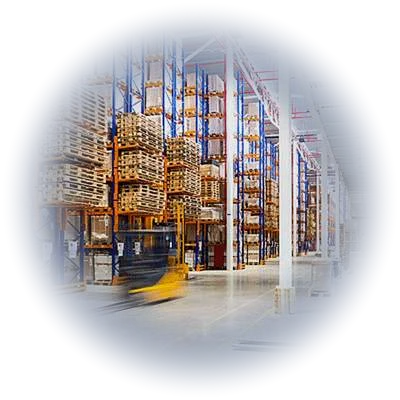 Modern warehouse with high pallet racking and a reach forklift